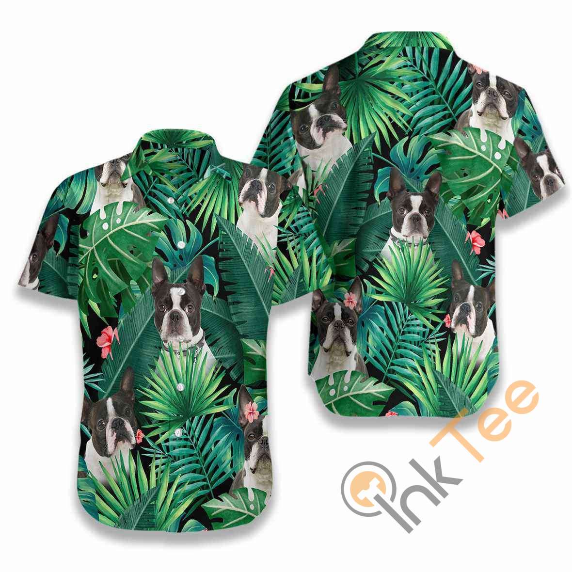 Boston Terrie Dog Tropical Cotton Casual Button Down Short Sleeves Hawaiian Shirt Unisex Full Print For Tropical Summer Vacation Full Size