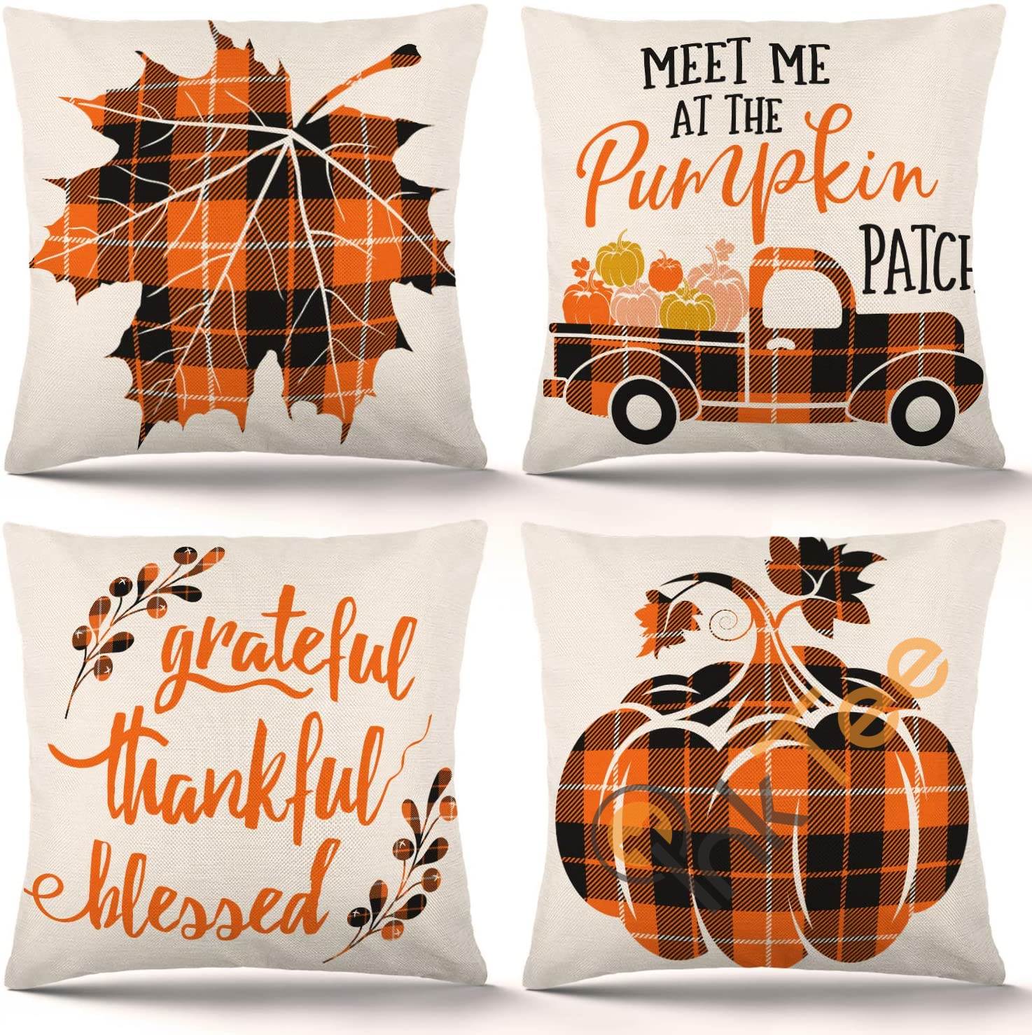 Set Of 4 Autumn Farmhouse Buffalo Plaid Pillow Covers Holiday Rustic Linen Thanksgiving Fall Decorations Personalized Gifts