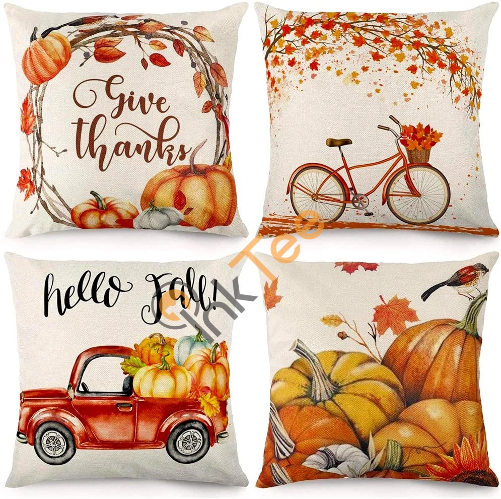 Set Of 4 Autumn Theme Throw Pillowcase Farmhouse Thanksgiving Decorative Cotton Line Personalized Gifts