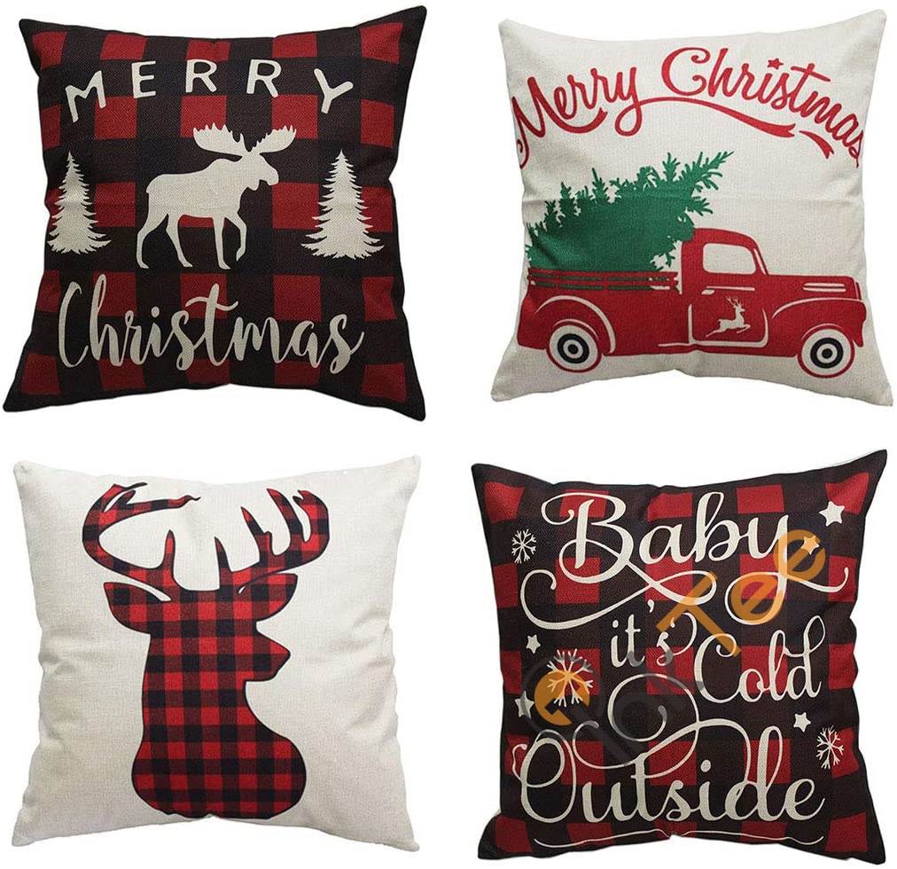 Set Of 4 Merry Christmas And Christmas Tree Decorations Cotton Linen Winter Deer Pillow Covers Personalized Gifts