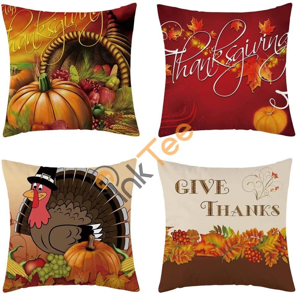Set Of 4 Thanksgiving Turkey Fall Throw Pillow Cover, Soft Flannel Autumn Decorative Personalized Gifts