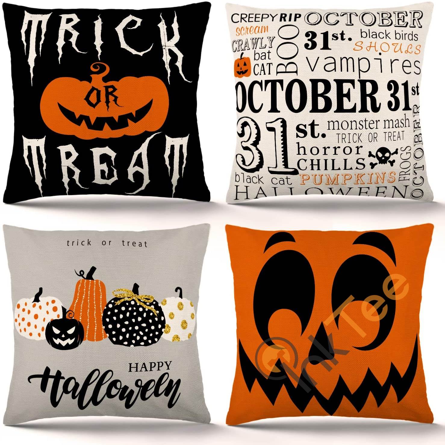 Set Of 4 Trick Or Treat Pumpkin Pillow Covers Holiday Rustic Linen Decorations Personalized Gifts