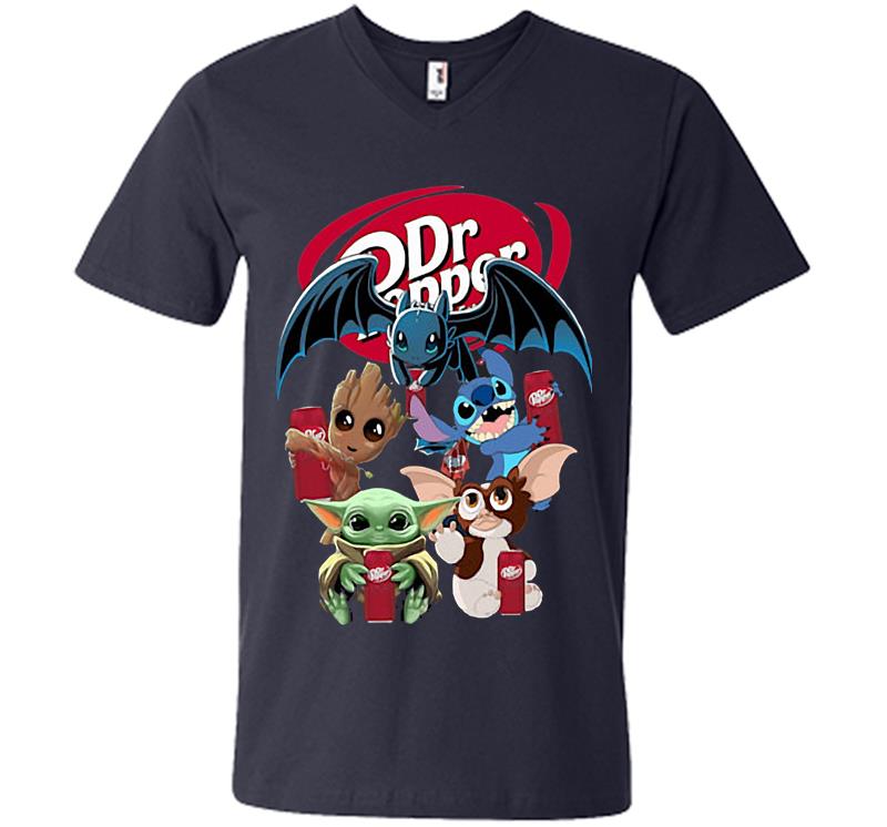 Baby Yoda Baby Groot And Toothless Stitch Gizmo Hug Dr Pepper V Neck T