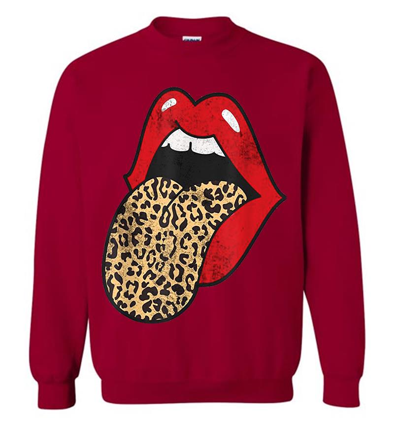 Women Red Lip Leopard Tongue Print Cheetah Animal Graphic Long Sleeve Sweatshirt
