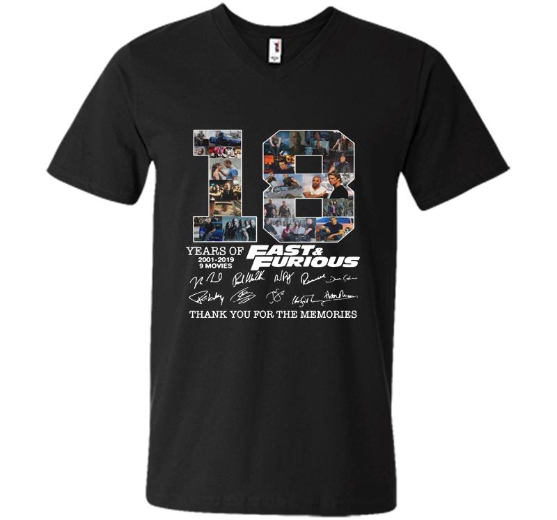 18 Years Of Fast And Furious 2001-2019 Signature Thank You For The Memories V-neck T-shirt