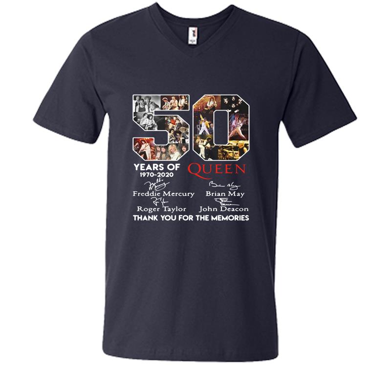 Inktee Store - 50Th Years Of Queen Band 1970-2020 Signature Thank You For The Memories V-Neck T-Shirt Image