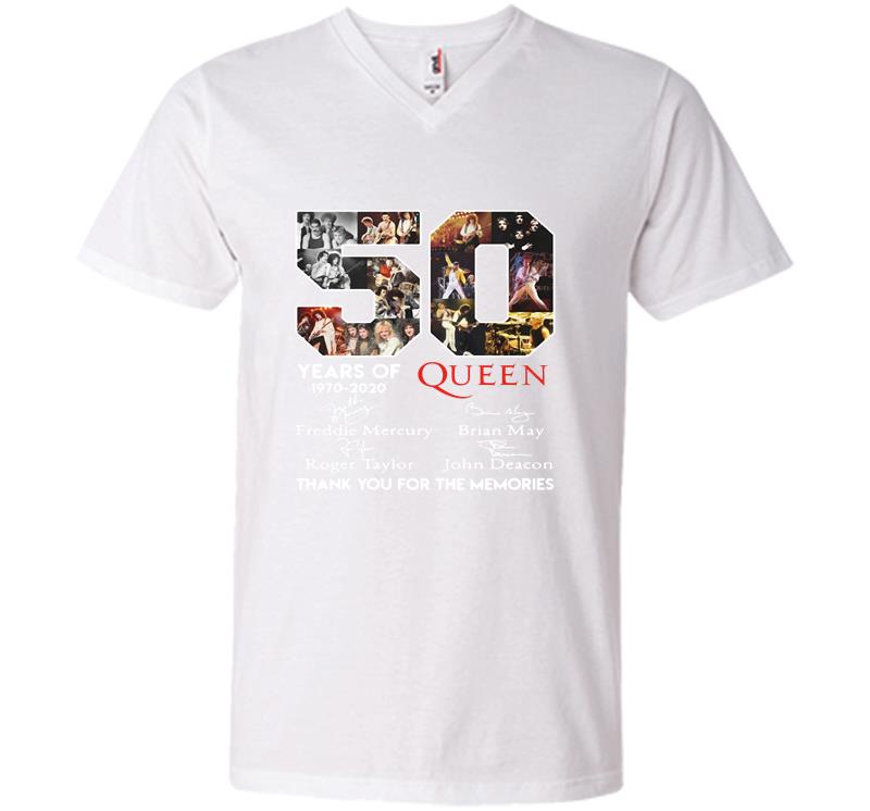 Inktee Store - 50Th Years Of Queen Band 1970-2020 Signature Thank You For The Memories V-Neck T-Shirt Image