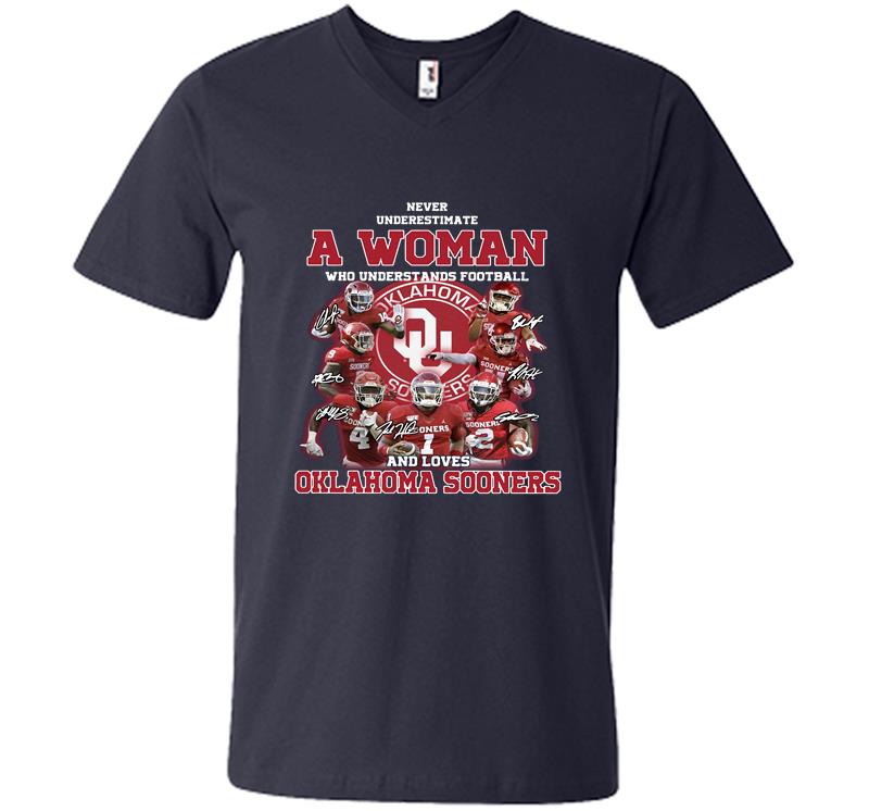 Inktee Store - A Woman Who Understands Football And Loves Oklahoma Sooners Signature V-Neck T-Shirt Image