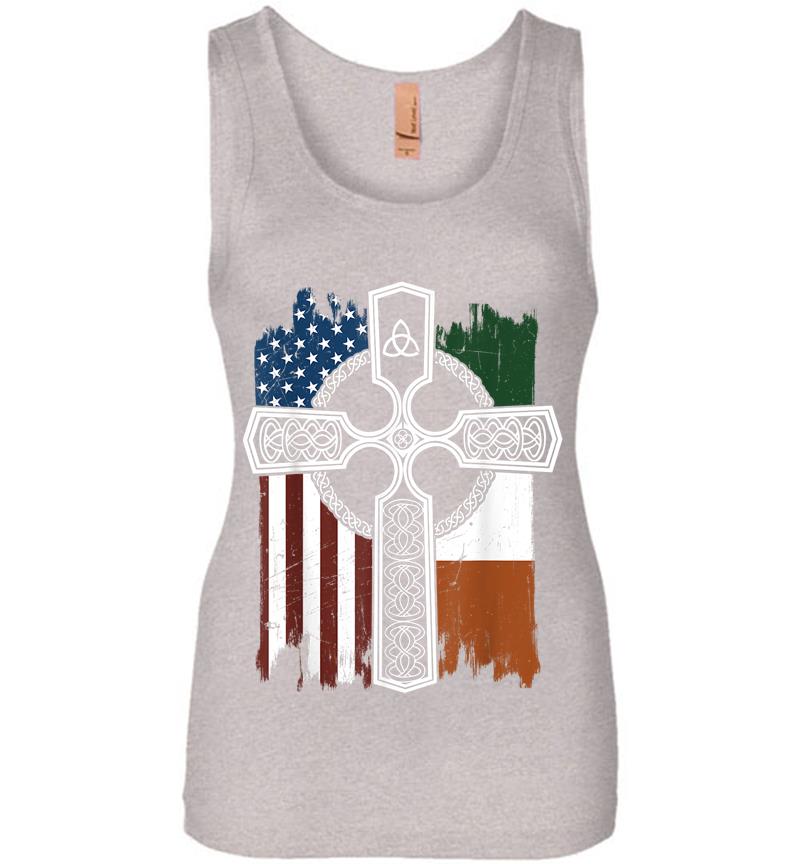Inktee Store - American Irish Flag With Celtic Cross St Patricks Womens Jersey Tank Top Image