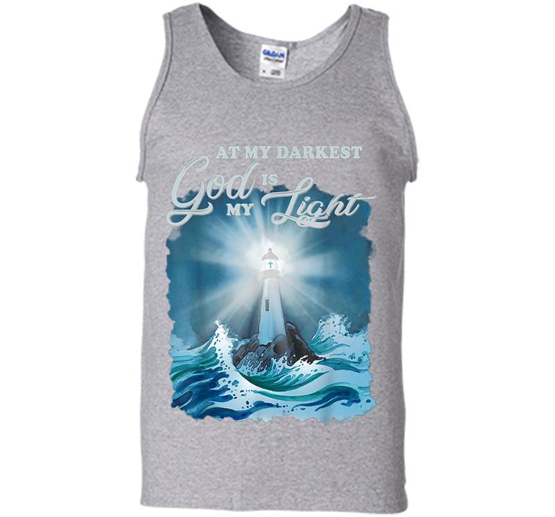 Inktee Store - At My Darkest God Is My Light, Lighthouse Jesus Christian Mens Tank Top Image