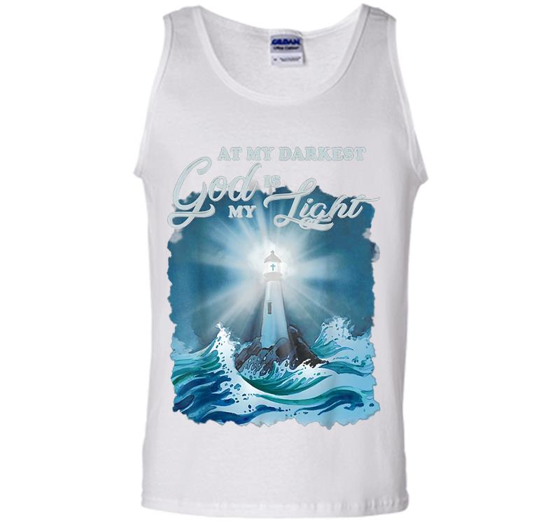 Inktee Store - At My Darkest God Is My Light, Lighthouse Jesus Christian Mens Tank Top Image