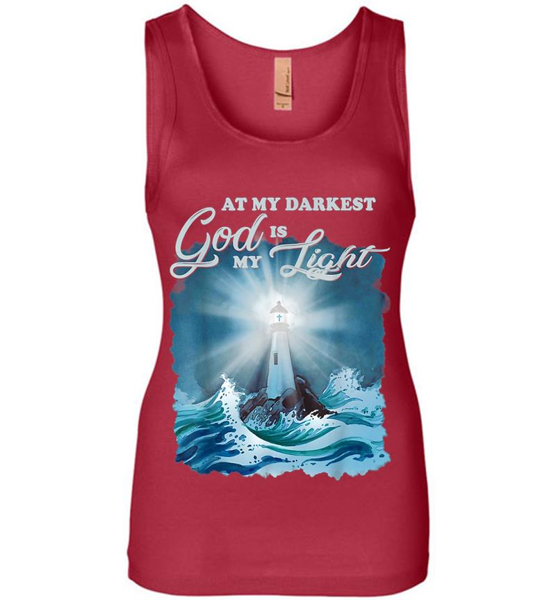 Inktee Store - At My Darkest God Is My Light, Lighthouse Jesus Christian Womens Jersey Tank Top Image
