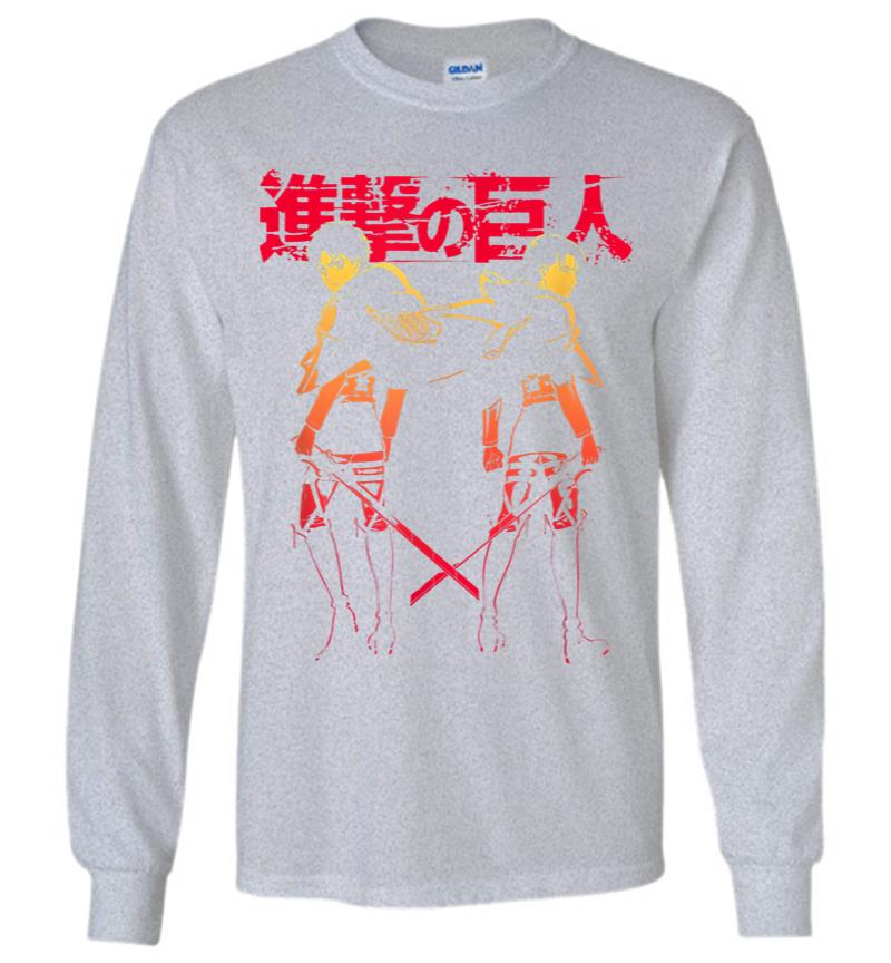 Inktee Store - Attack On Titan Levi Eren Gradient With Japanese Logo Long Sleeve T-Shirt Image