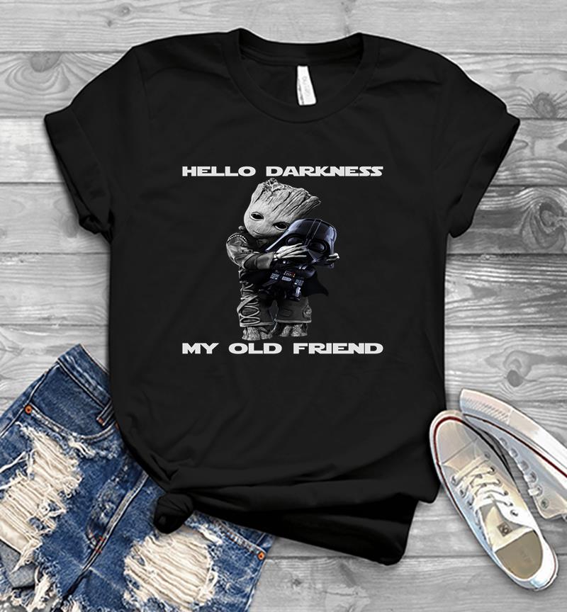 Baby Groot hugs Darth Vader Hello Darkness My old friend Mens T-shirt