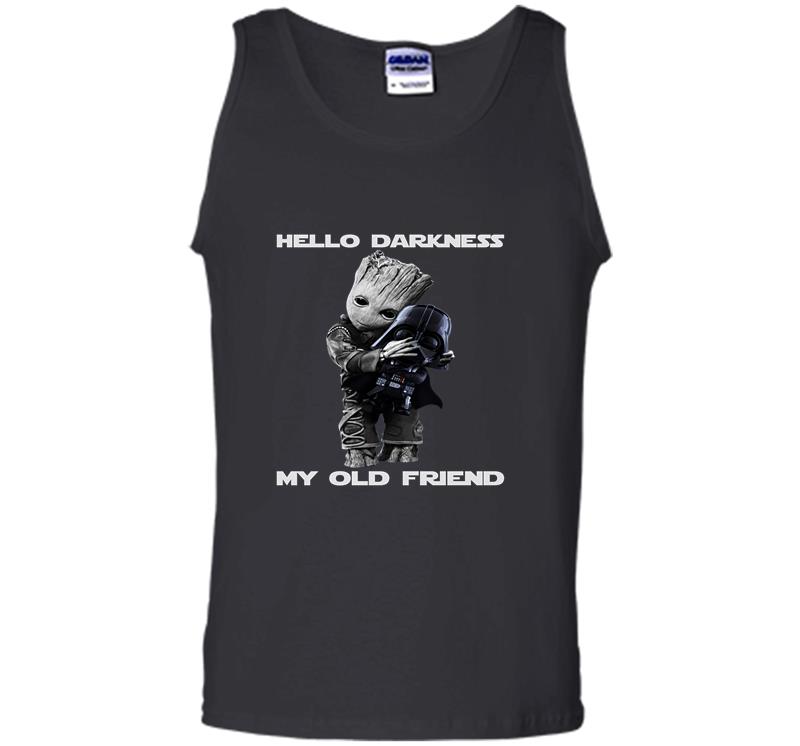 Inktee Store - Baby Groot Hugs Darth Vader Hello Darkness My Old Friend Mens Tank Top Image