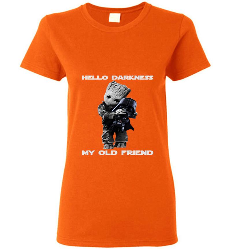 Inktee Store - Baby Groot Hugs Darth Vader Hello Darkness My Old Friend Womens T-Shirt Image