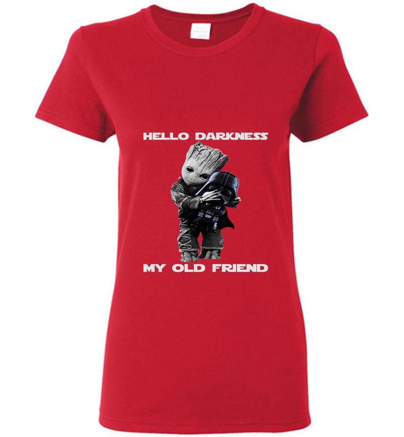 Inktee Store - Baby Groot Hugs Darth Vader Hello Darkness My Old Friend Womens T-Shirt Image