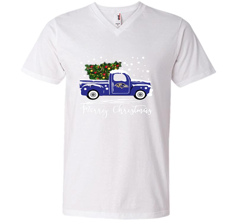 Inktee Store - Baltimore Ravens Truck Merry Christmas Tree V-Neck T-Shirt Image