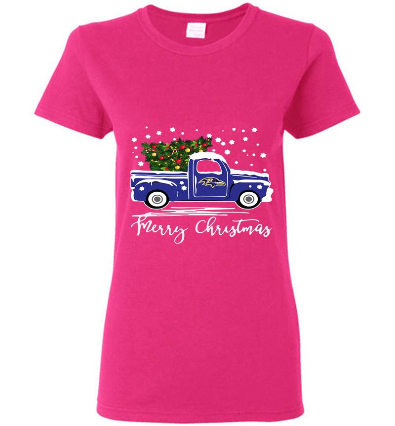 Inktee Store - Baltimore Ravens Truck Merry Christmas Tree Womens T-Shirt Image