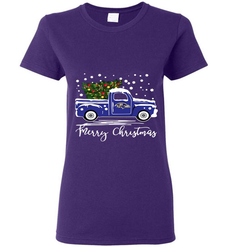 Inktee Store - Baltimore Ravens Truck Merry Christmas Tree Womens T-Shirt Image