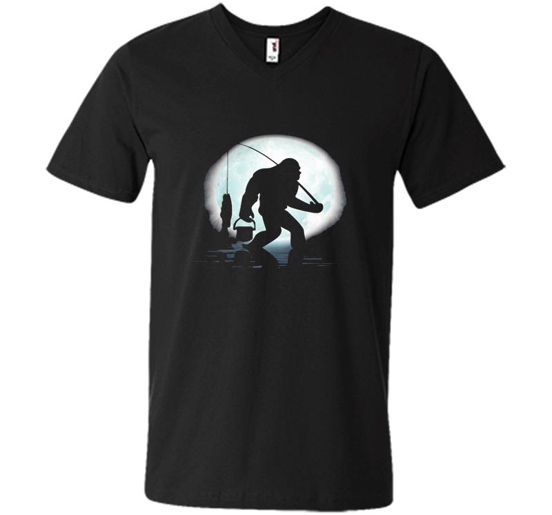 Bigfoot Fishing The Moon V-Neck T-Shirt