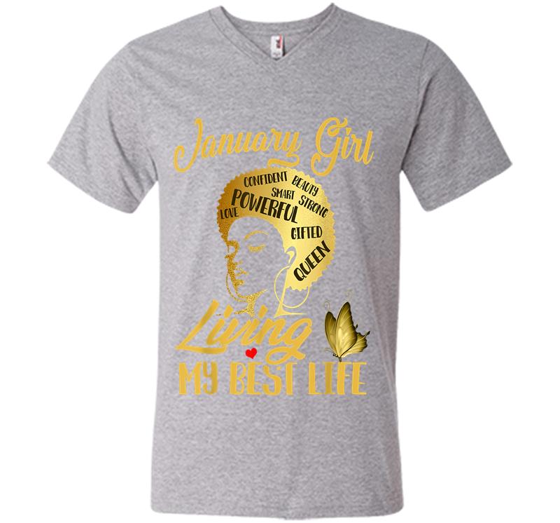 Inktee Store - Black Queen Was Born In January Living My Best Life V-Neck T-Shirt Image