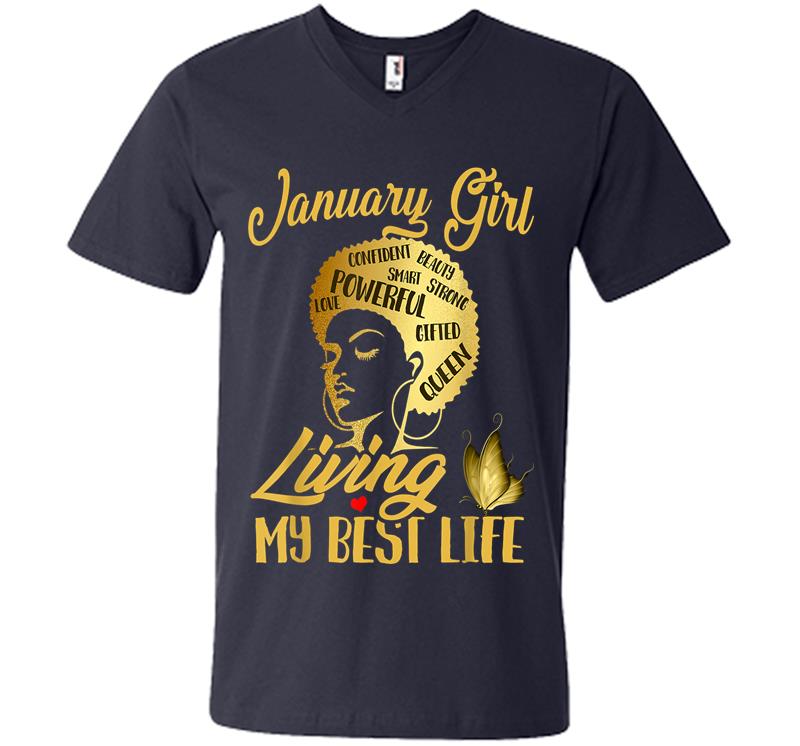 Inktee Store - Black Queen Was Born In January Living My Best Life V-Neck T-Shirt Image