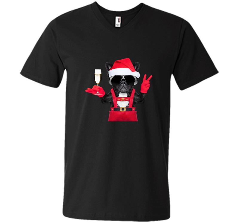 Bulldog Deapool Santa Wine Christmas V-neck T-shirt