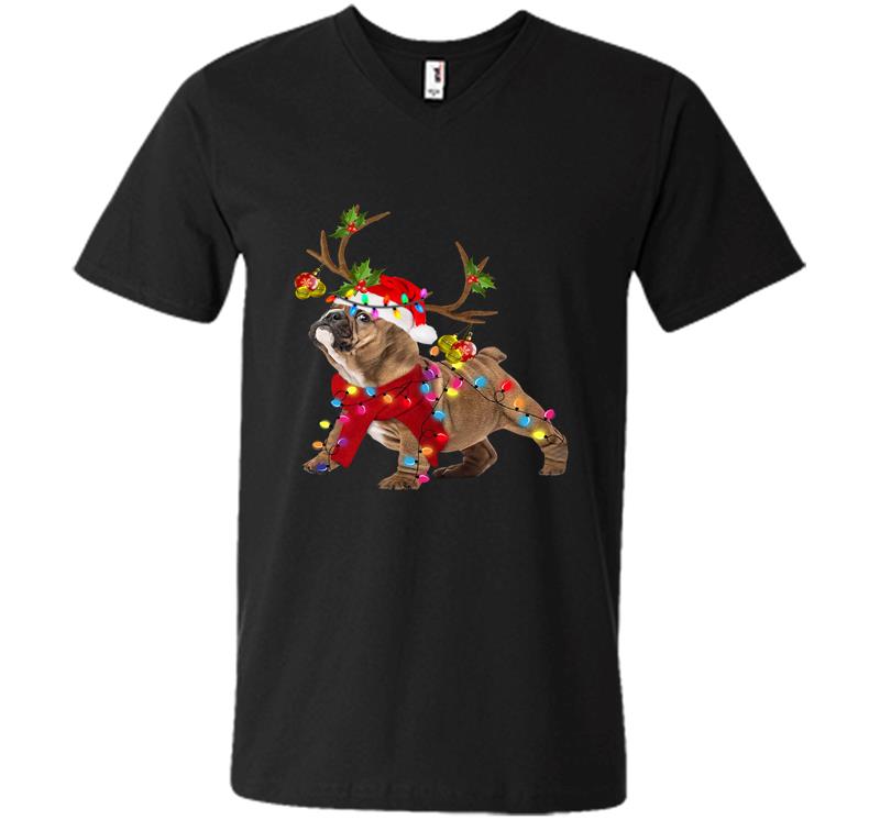 Bulldog Reindeer Santa Christmas V-neck T-shirt