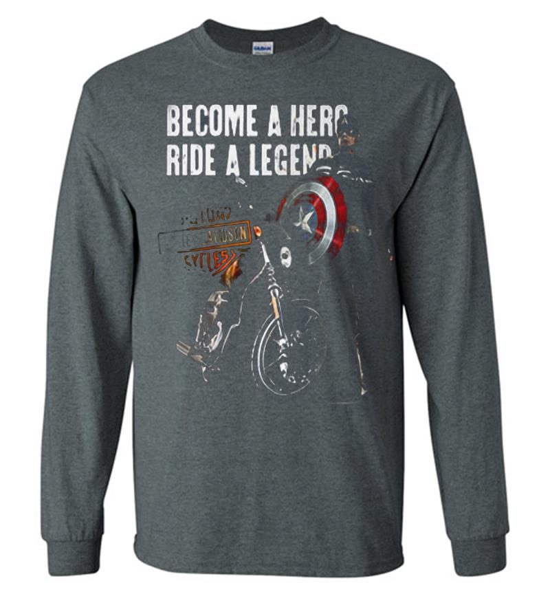 Inktee Store - Captain America And Motorcycle Harley-Davidson Become A Hero Ride A Legend Long Sleeve T-Shirt Image