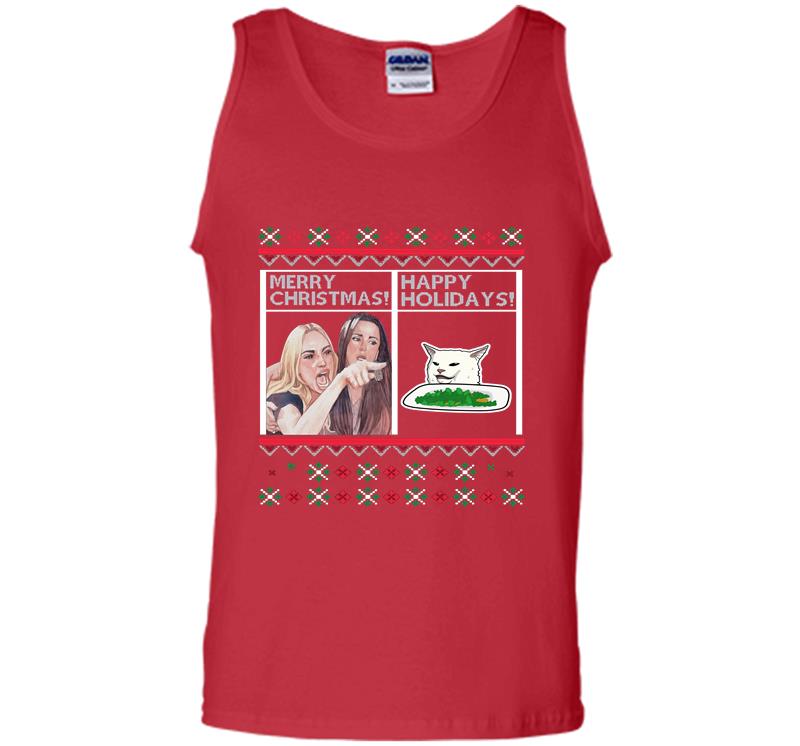 Inktee Store - Christmas Happy Holidays Woman Yelling At A Cat Meme Mens Tank Top Image