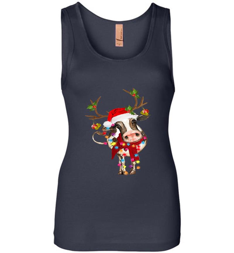 Inktee Store - Cow Reindeer Santa Christmas Ligh Womens Jersey Tank Top Image
