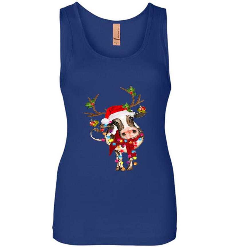 Inktee Store - Cow Reindeer Santa Christmas Ligh Womens Jersey Tank Top Image