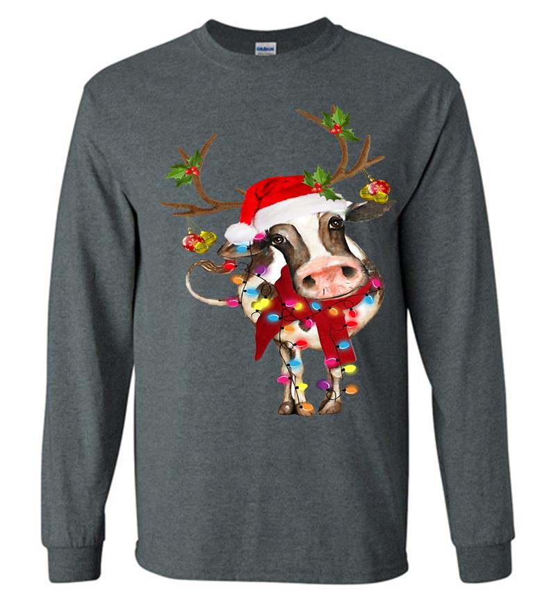 Inktee Store - Cow Reindeer Santa Christmas Light Long Sleeve T-Shirt Image