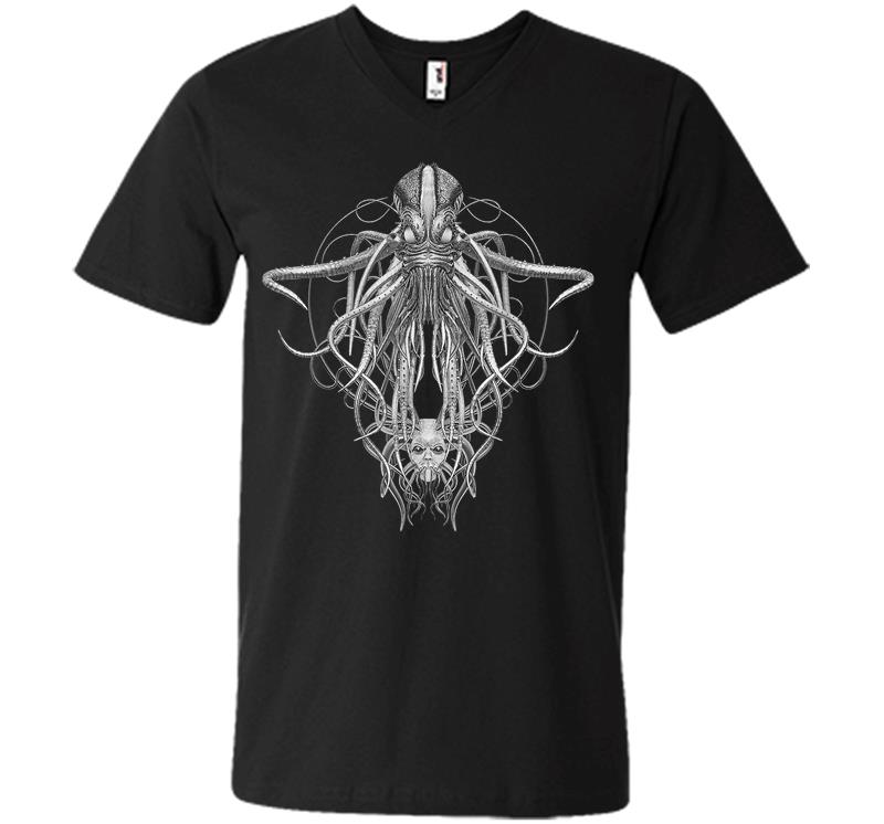 Cthulhu Monster In Black And White Retro Vintage Steampunk V-neck T-shirt