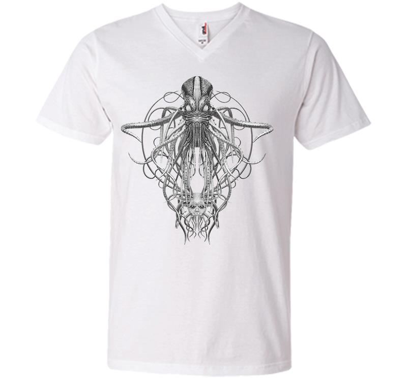 Inktee Store - Cthulhu Monster In Black And White Retro Vintage Steampunk V-Neck T-Shirt Image