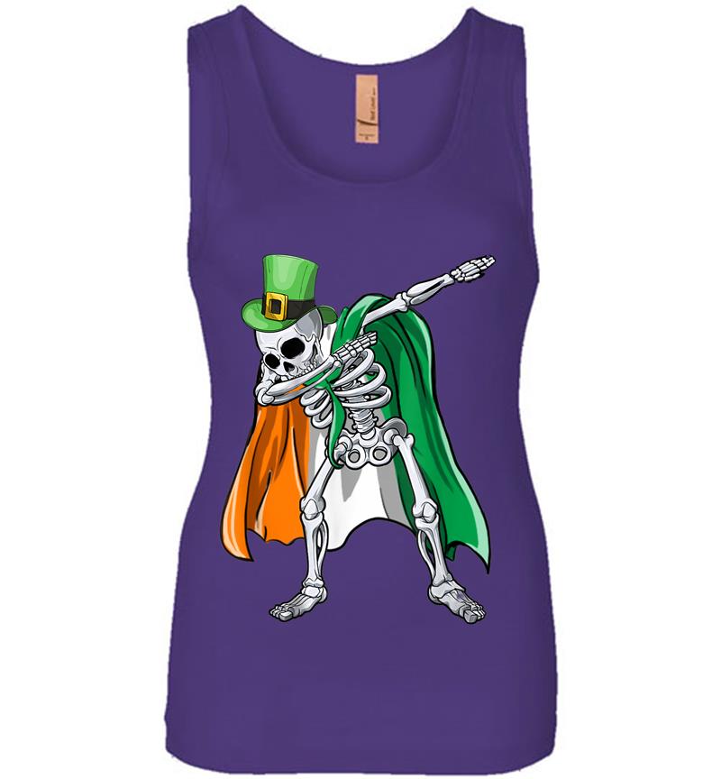 Inktee Store - Dabbing Skeleton Irish Shamrock St Patricks Day Womens Jersey Tank Top Image