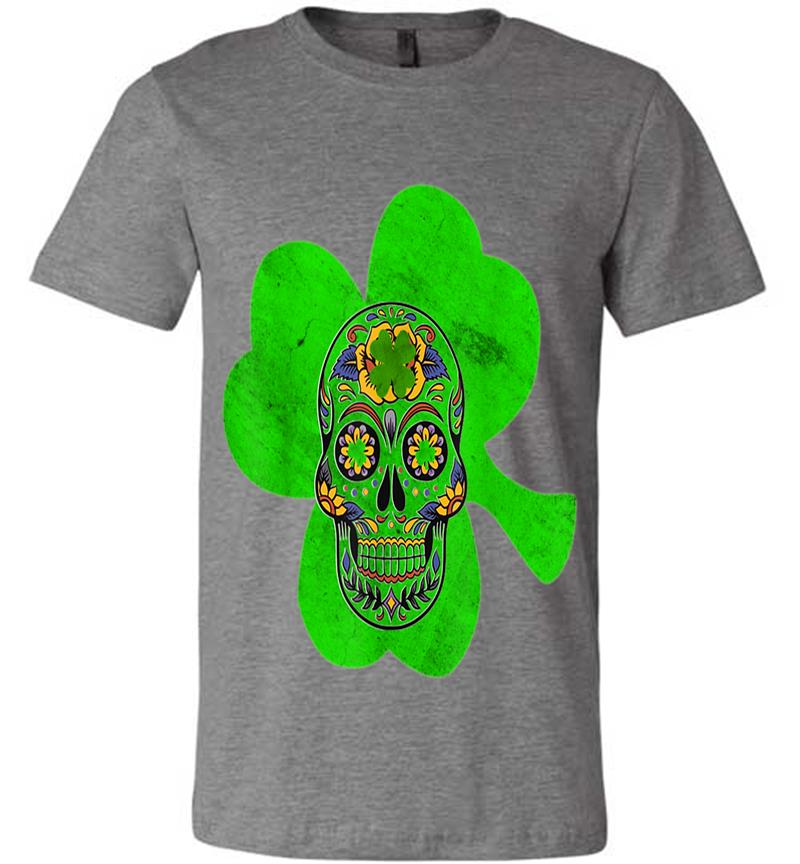 Inktee Store - Distressed Clover Shamrock St Patricks Day Skull Premium T-Shirt Image