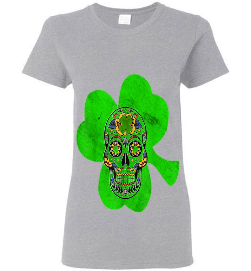 Inktee Store - Distressed Clover Shamrock St Patricks Day Skull Womens T-Shirt Image