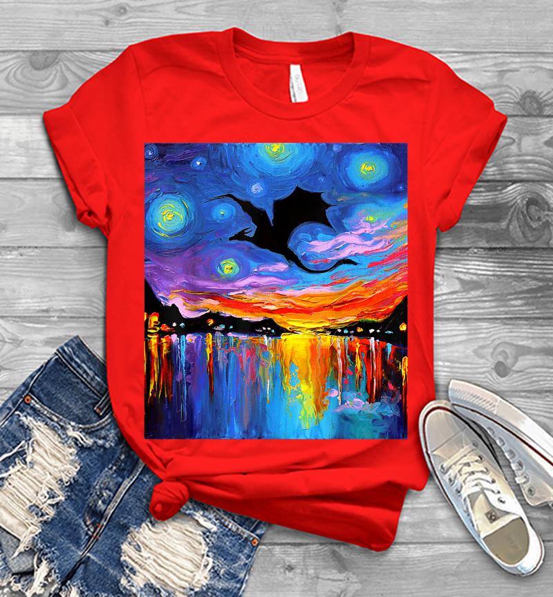 Inktee Store - Flying Dragon Silhouette Sunset Starry Night Fantasy Art Mens T-Shirt Image