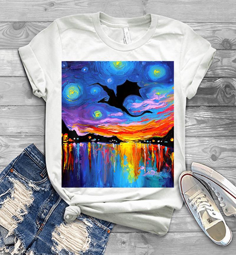 Inktee Store - Flying Dragon Silhouette Sunset Starry Night Fantasy Art Mens T-Shirt Image