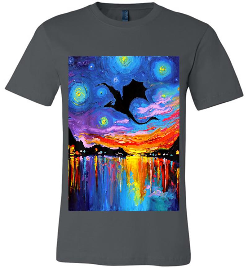 Flying Dragon Silhouette Sunset Starry Night Fantasy Art Premium T-Shirt