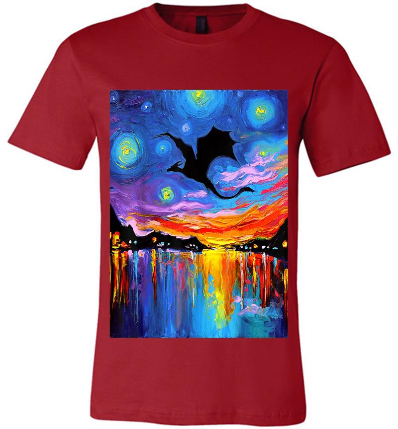 Inktee Store - Flying Dragon Silhouette Sunset Starry Night Fantasy Art Premium T-Shirt Image