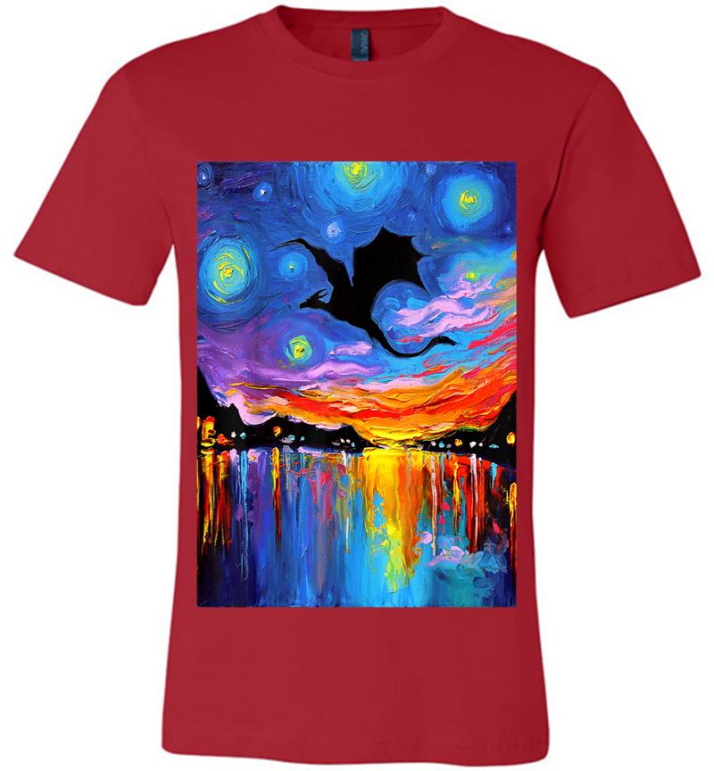 Inktee Store - Flying Dragon Silhouette Sunset Starry Night Fantasy Art Premium T-Shirt Image