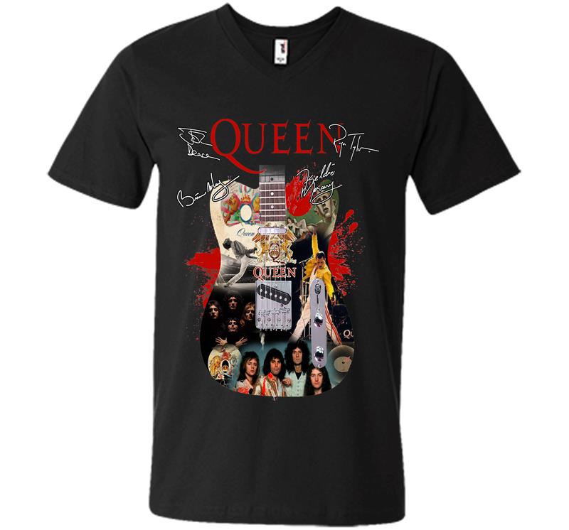 Freddie Mercury Member Of Queen Rock Band Guitar Signature V-Neck T-Shirt