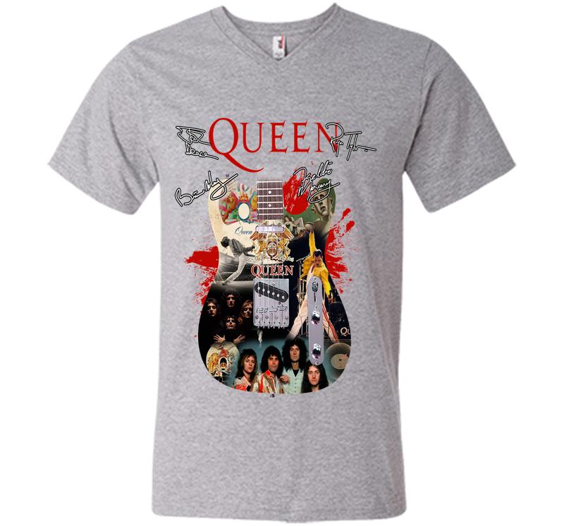 Inktee Store - Freddie Mercury Member Of Queen Rock Band Guitar Signature V-Neck T-Shirt Image