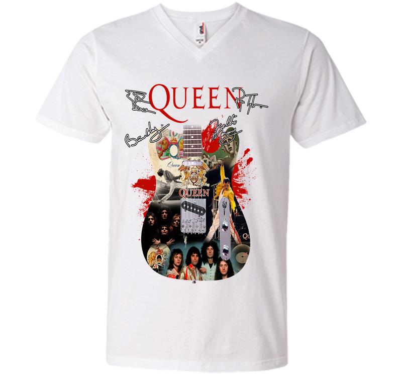 Inktee Store - Freddie Mercury Member Of Queen Rock Band Guitar Signature V-Neck T-Shirt Image