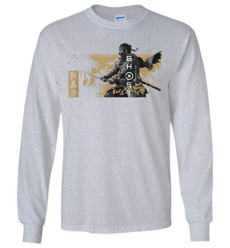 Inktee Store - Ghost Of Tsushima Katana With Falling Leaves Long Sleeve T-Shirt Image