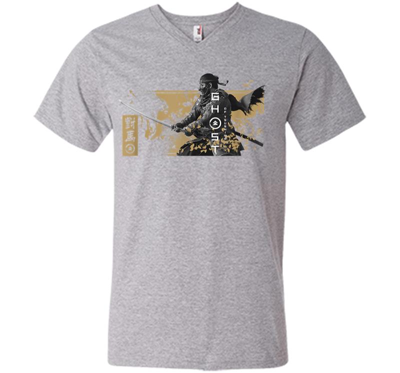 Inktee Store - Ghost Of Tsushima Katana With Falling Leaves V-Neck T-Shirt Image