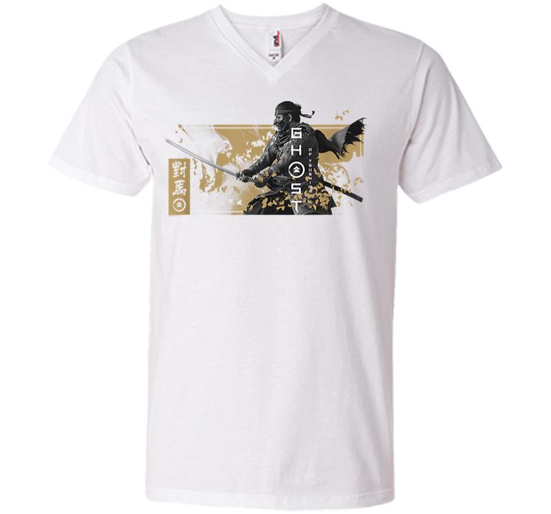 Inktee Store - Ghost Of Tsushima Katana With Falling Leaves V-Neck T-Shirt Image